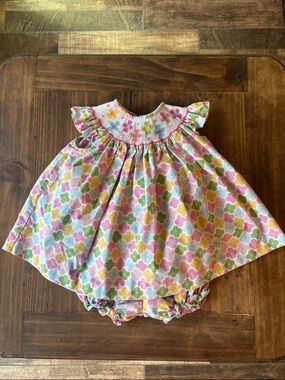 Smocked Baby Bubble Dress with Floral Print in Pink & Green